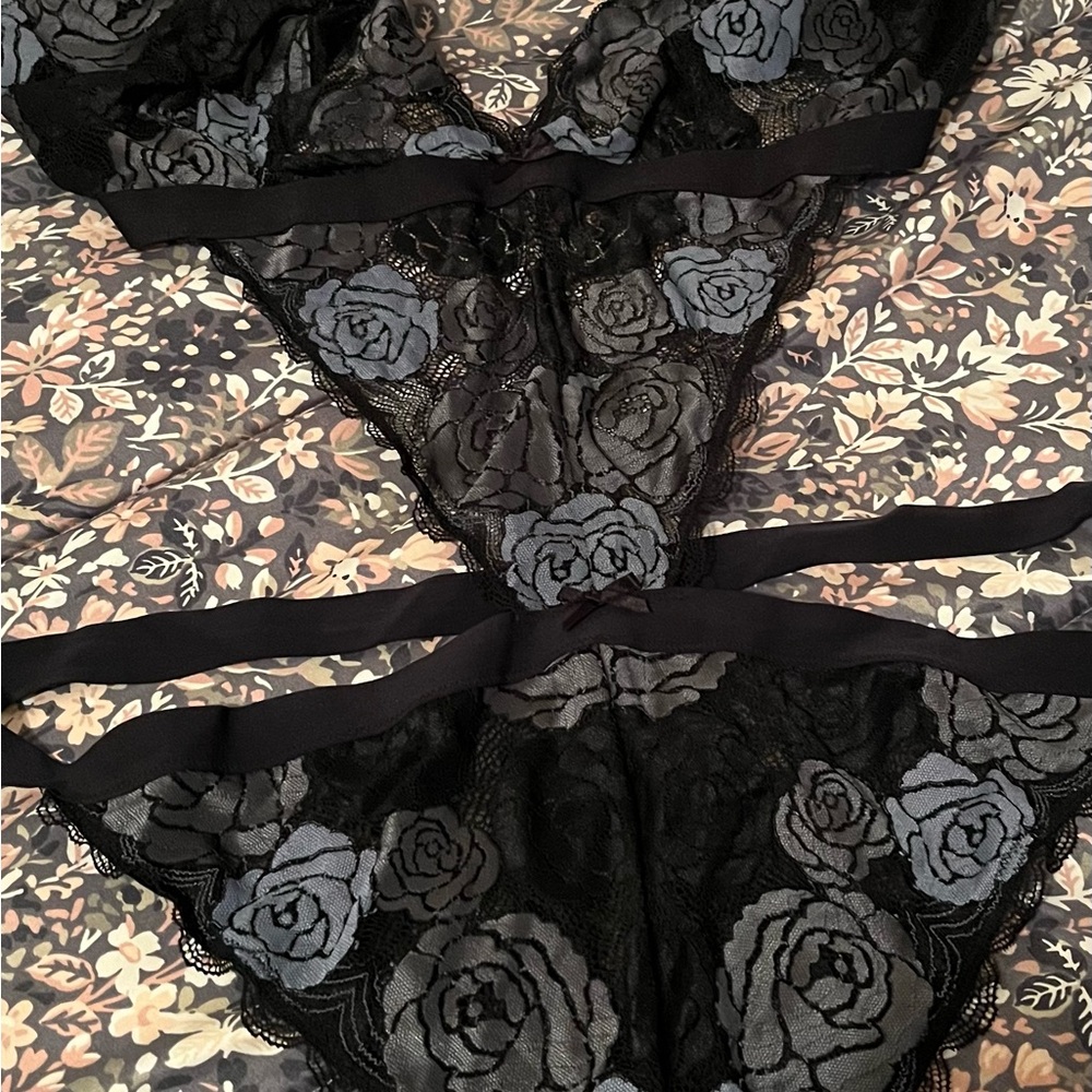 Cacique Black and Gray/Blue Rose Lace Bodysuit